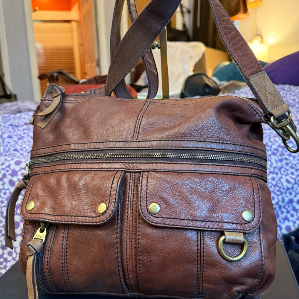Vintage Fossil Morgan Traveler Leather Crossbody Bag in Saddle Brown